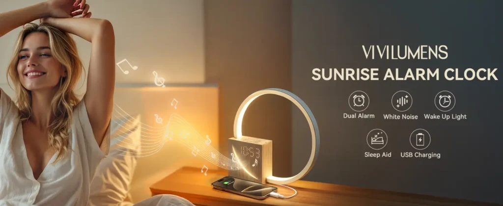 Aesthetic Vivilumens alarm clock simulating a natural sunrise with warm arch lighting in a dark room