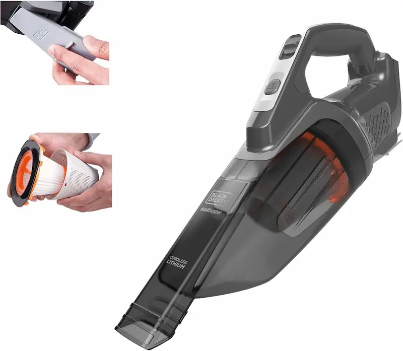 Black+Decker Dustbuster 20V Max handheld vacuum cleaning cereal spills and pet dander from car floor mats.