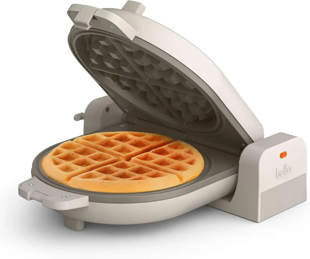 Aesthetic oatmeal Flip-n-Store waffle maker Bella for minimalist kitchen decor and small space storage.