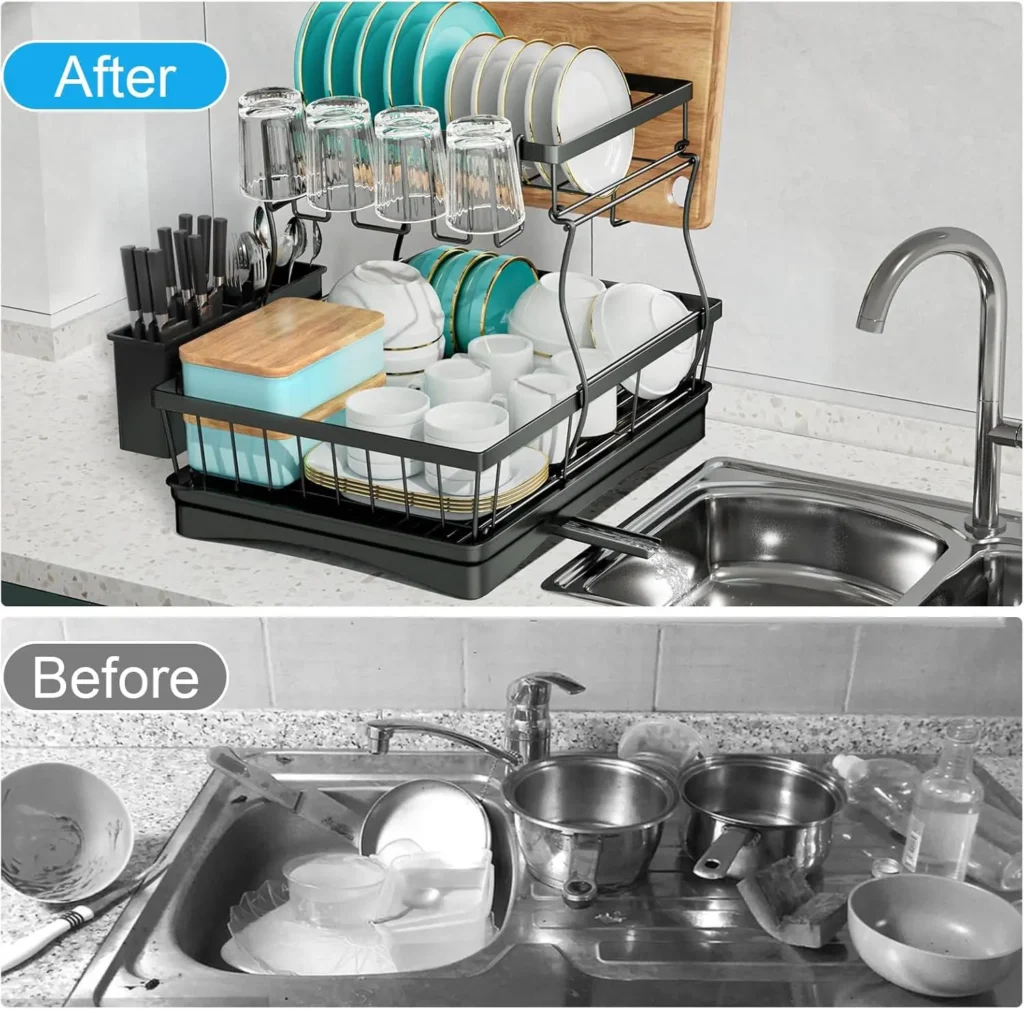Large capacity 2-tier dish drying rack saving space in a small apartment kitchen