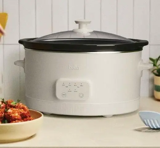 Aesthetic oatmeal programmable slow cooker Bella 6QT for minimalist kitchen decor.