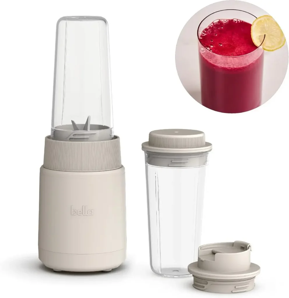 Aesthetic oatmeal personal portable blender Bella with stainless steel blades for minimalist kitchen decor.