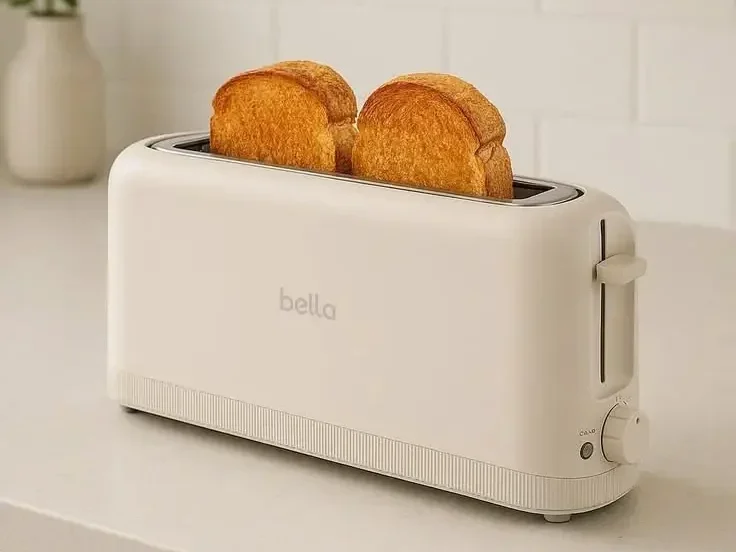 Aesthetic oatmeal 2-slice toaster Bella with extra wide slots for minimalist kitchen decor.