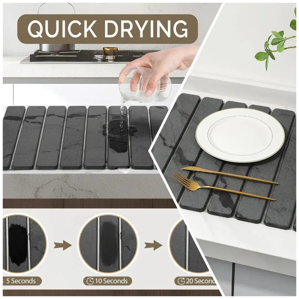 Diatomaceous earth dish mat drying water instantly on a modern white kitchen counter